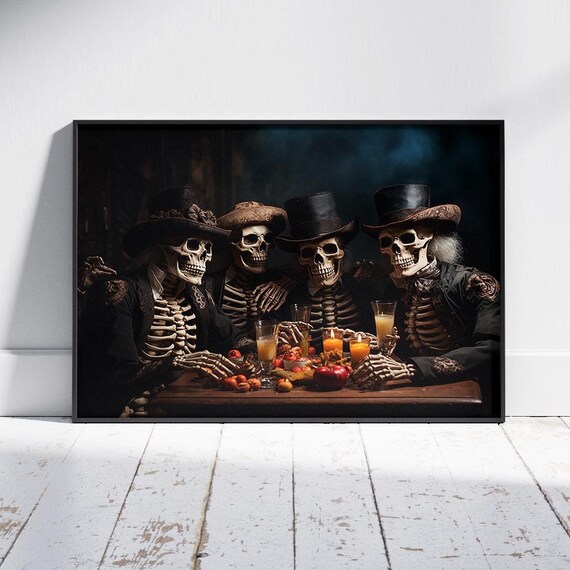Wild West Skeletons In Cowboy Hats Drinking Whiskey Western Art Poster