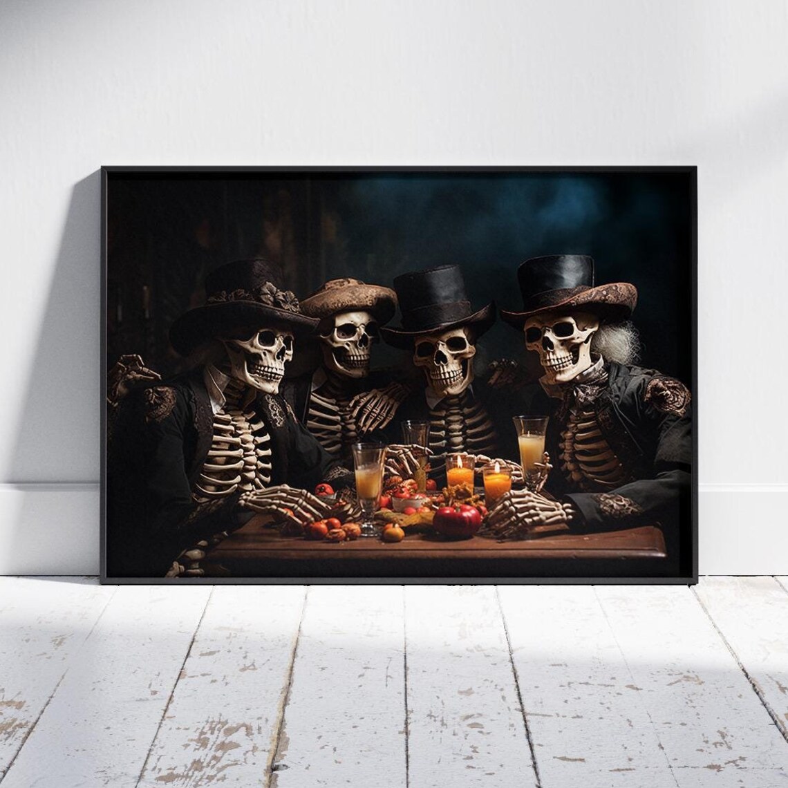 Wild West Skeletons In Cowboy Hats Drinking Whiskey Western Art Poster