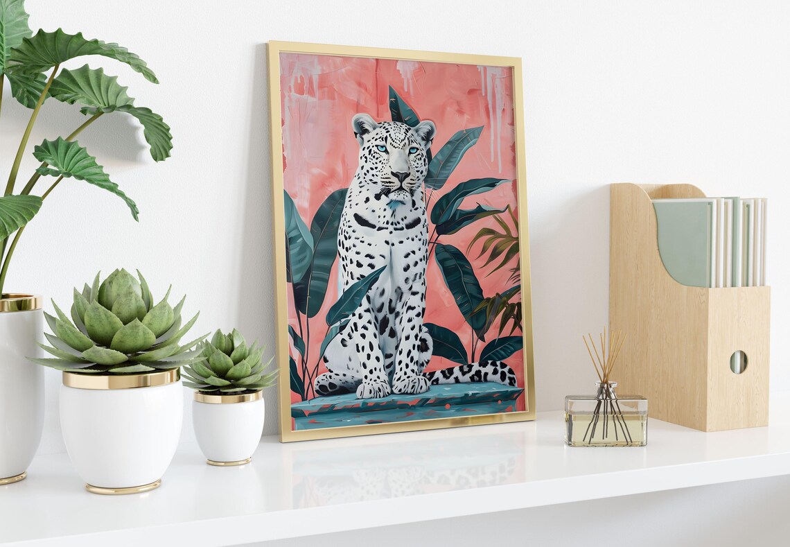White Snow Leopard Among Tropical Leaves On Coral Pink Background Poster - Image 4