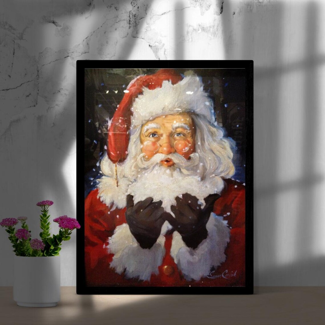 Santa Blowing Snow Playful Vintage Christmas Painting Portrait Poster - Image 3