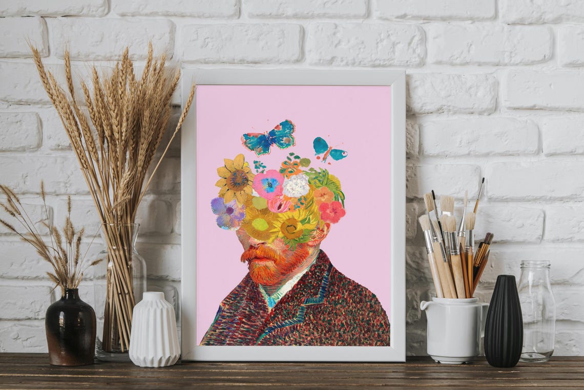 Van Gogh Style Portrait with a Floral Head Collage Art Poster - Image 4