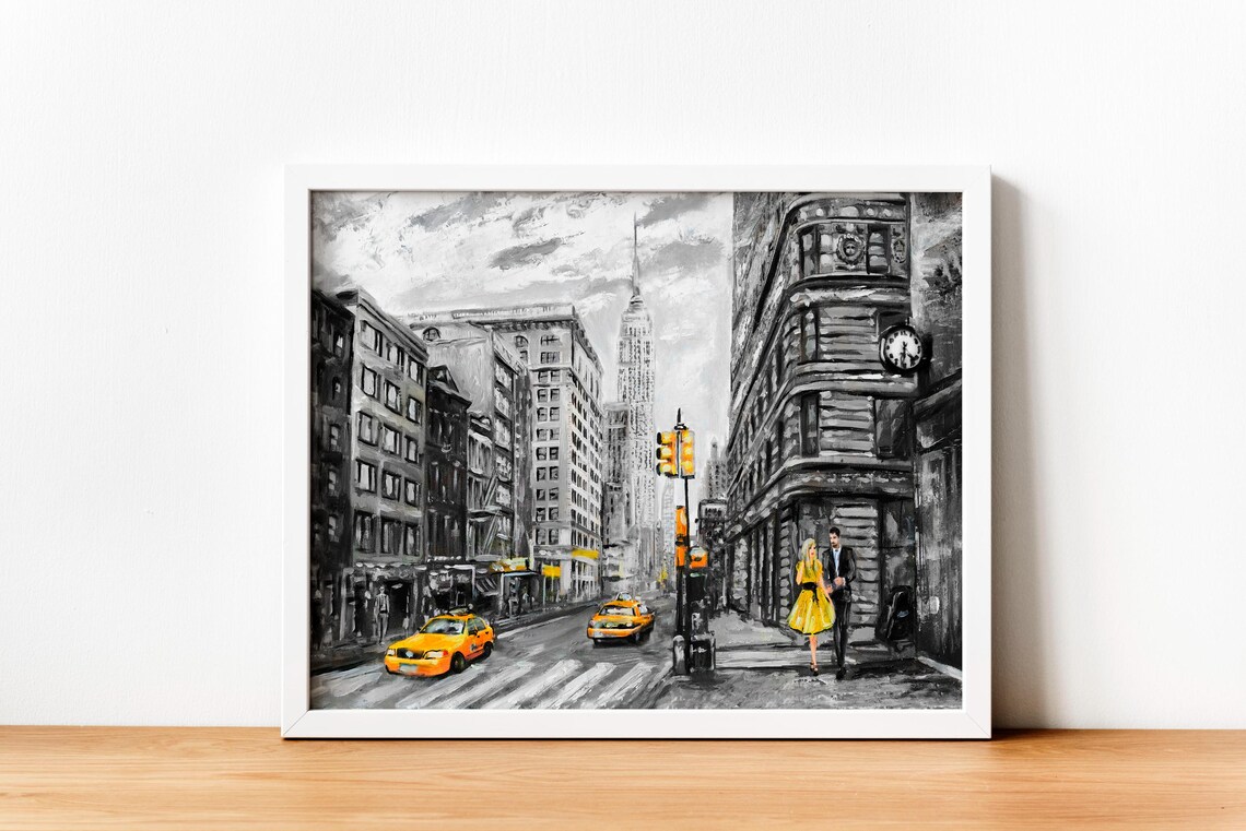 New York City Street With Yellow Taxis Black And White Urban Art Print - Image 4
