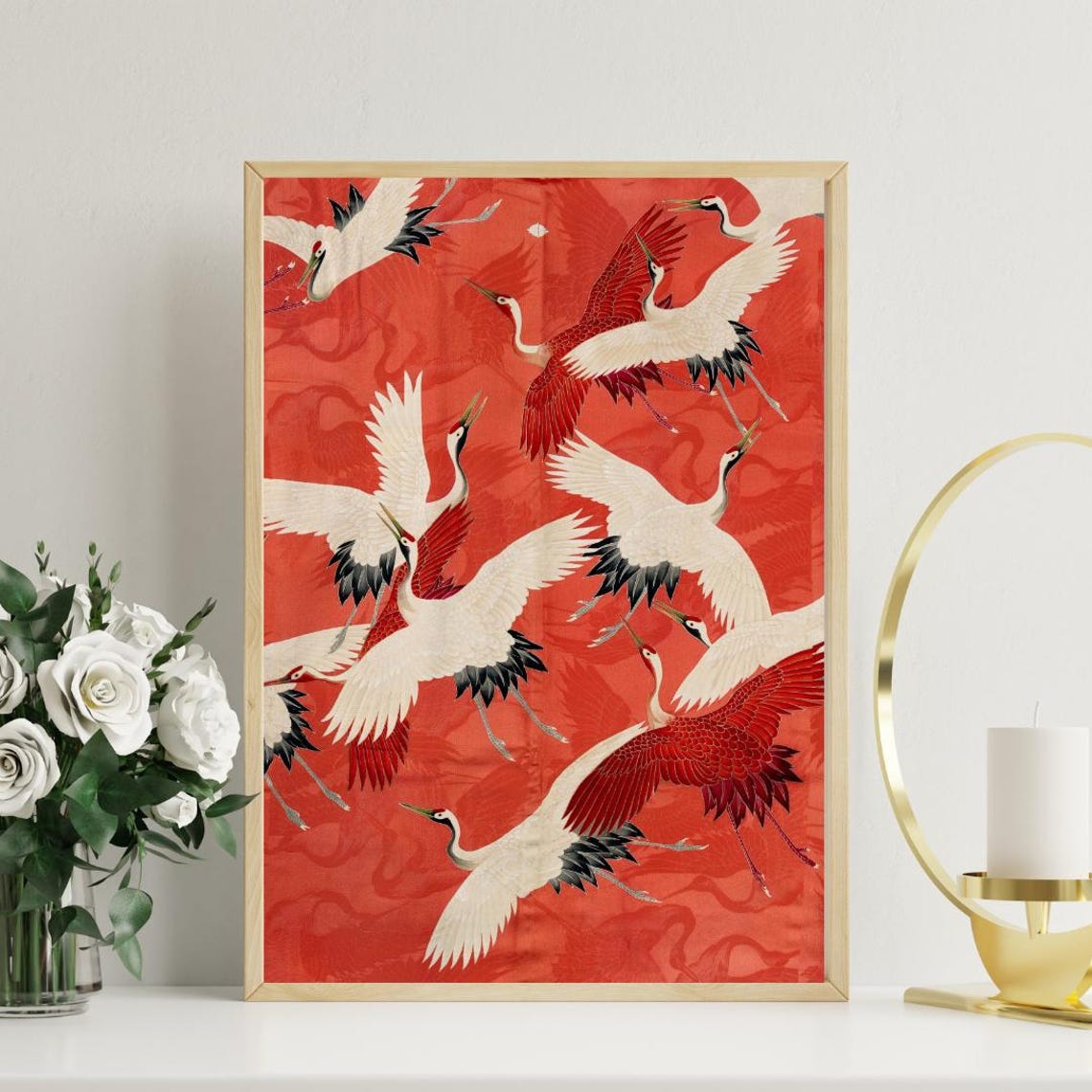 Japanese Red and White Cranes Flying on Crimson Vintage Art Poster