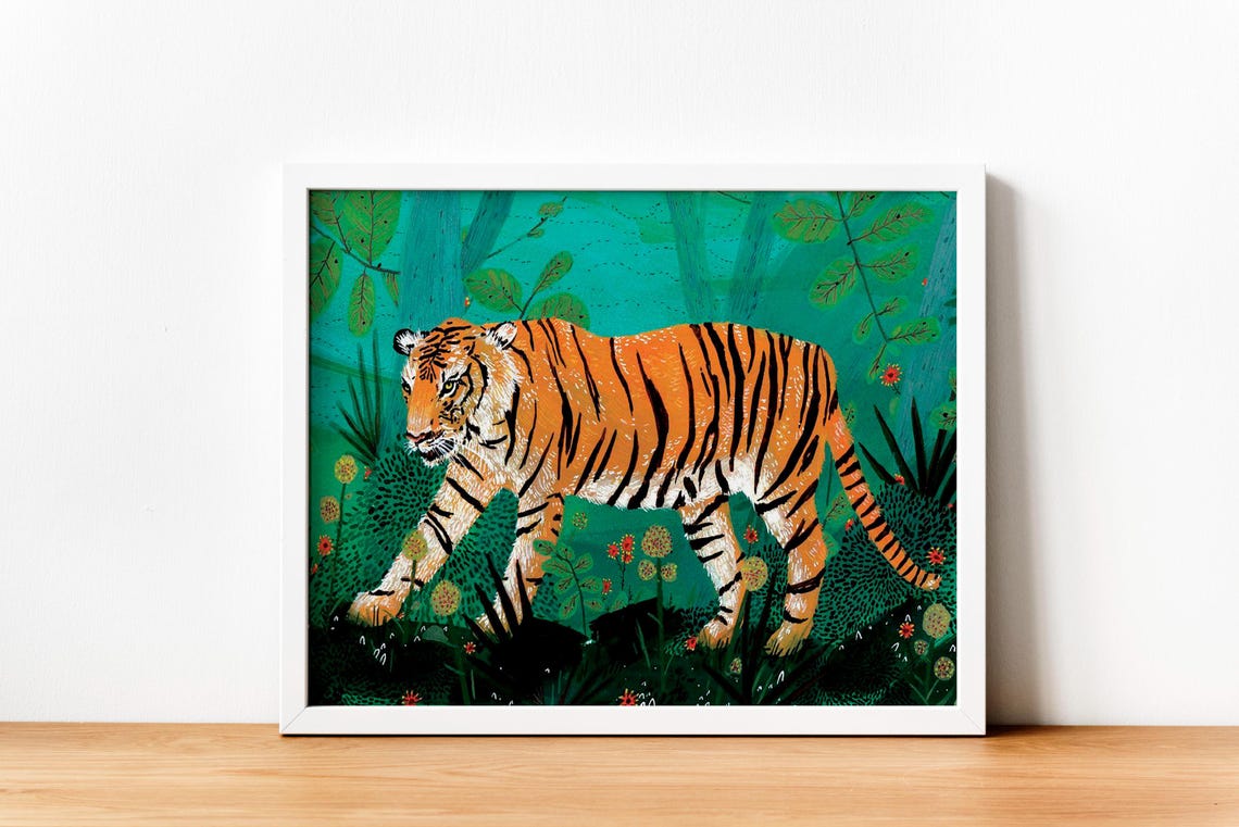 Tiger Walking Through Jungle Foliage Folk Art Wildlife Wall Poster - Image 4