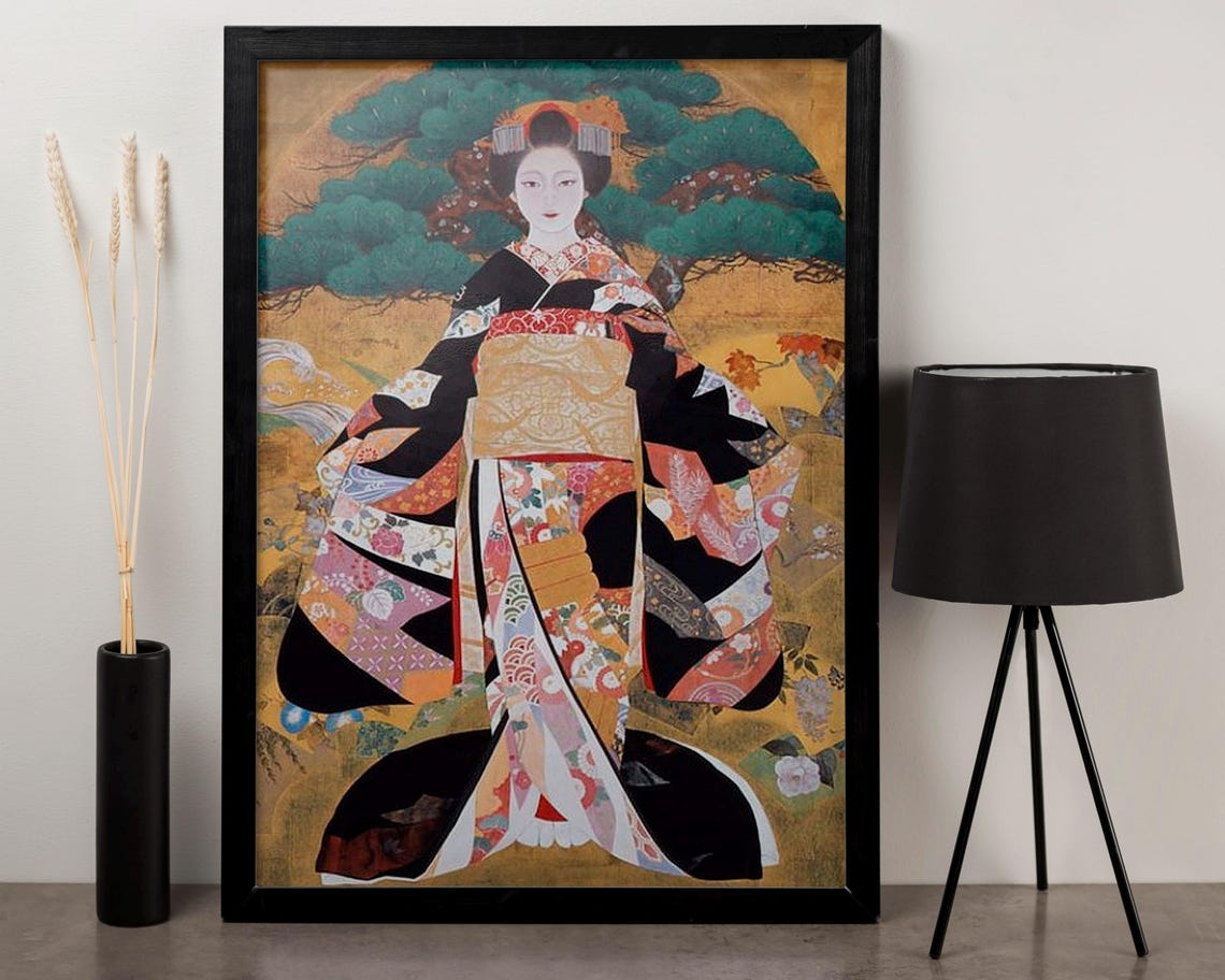 Japanese Courtesan in a Golden Kimono Traditional Beauty Art Poster