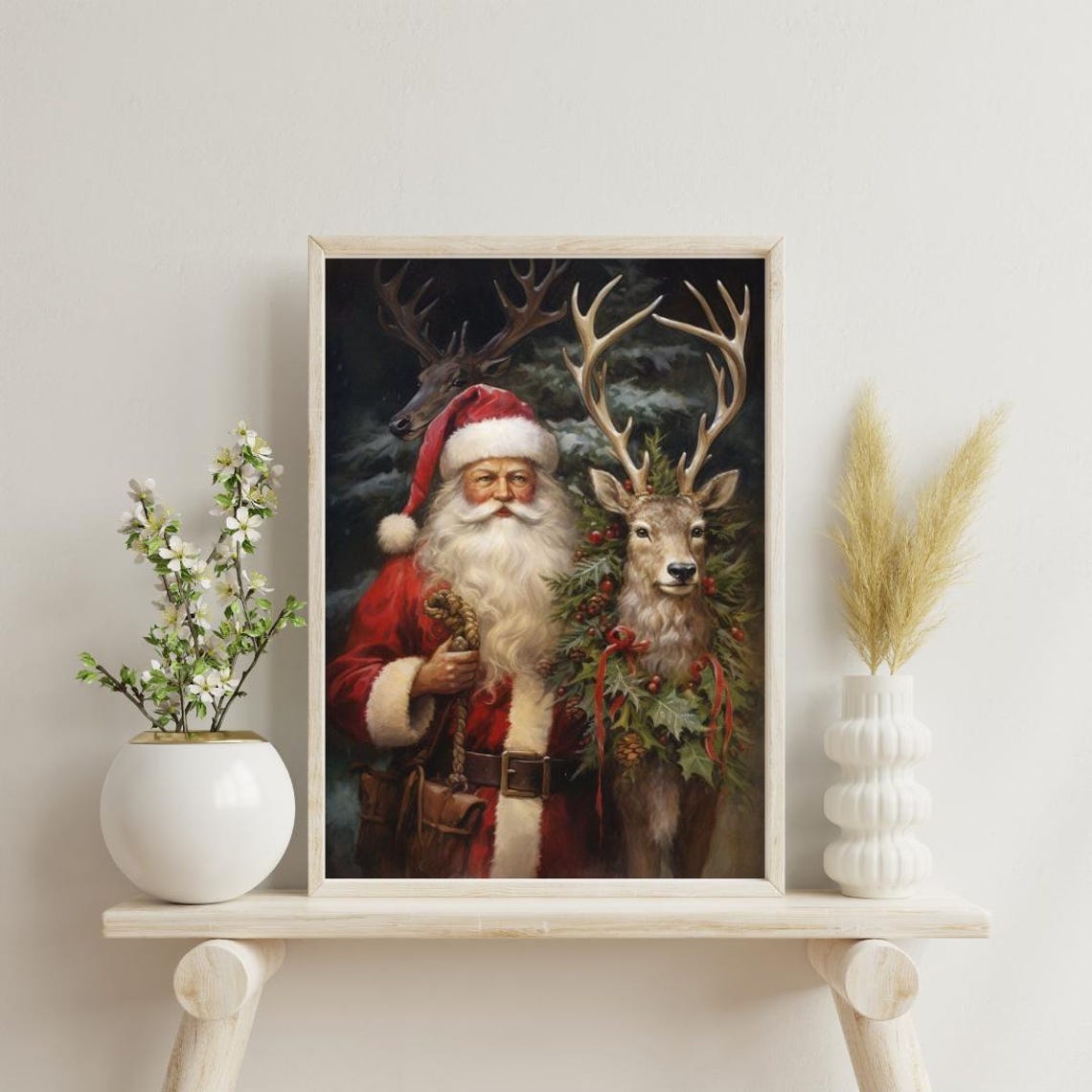 Santa Claus Standing With Two Reindeer in a Snowy Forest Art Poster - Image 5