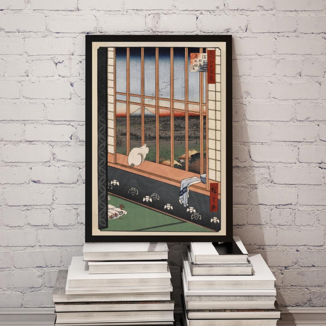 Japanese White Cat Window Mt Fuji Woodblock Style Scene Poster - Image 4