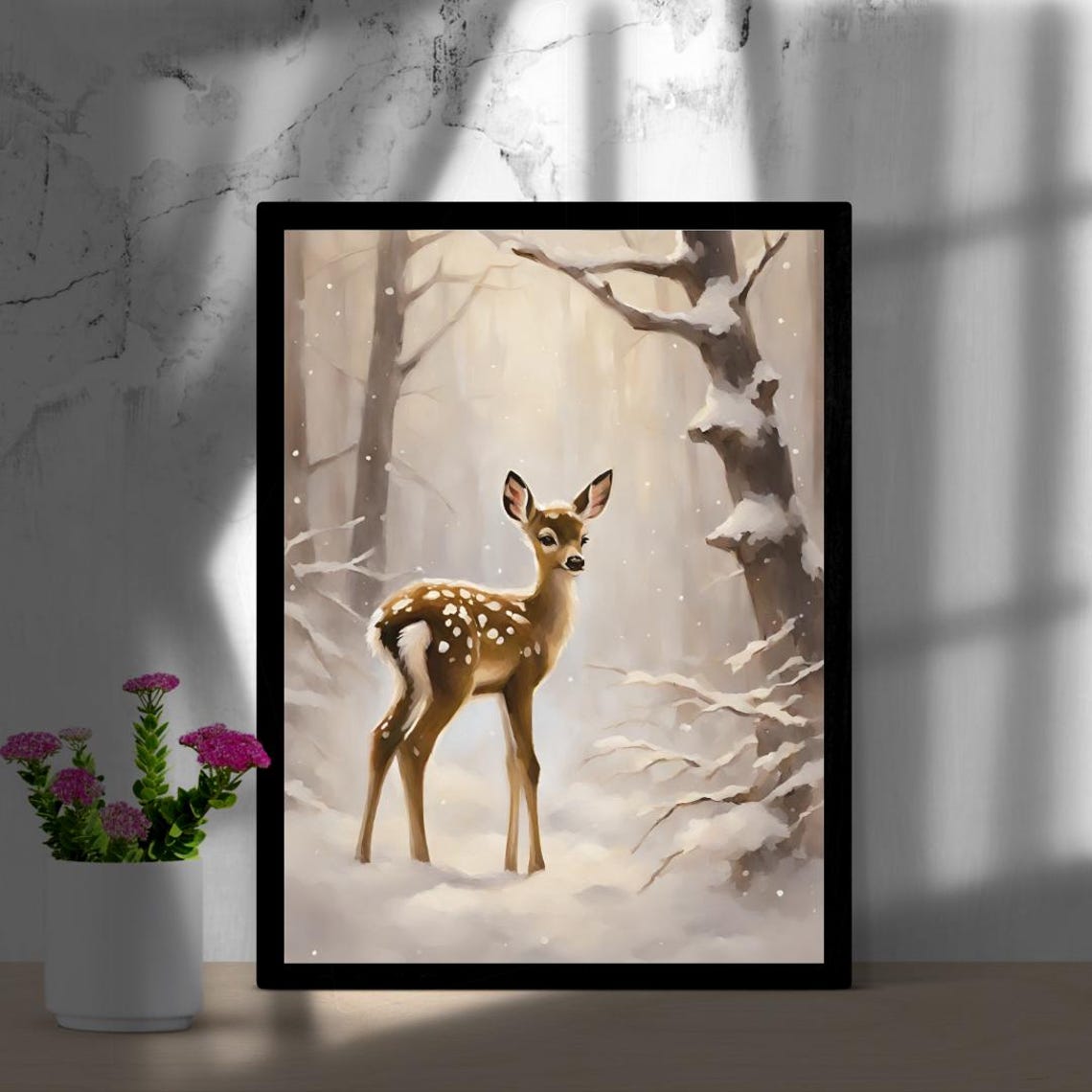 Sweet Spotted Fawn Standing in a Snowy Winter Forest Art Poster