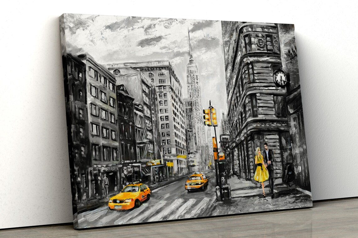 New York City Street With Yellow Taxis Black And White Urban Art Print - Image 5