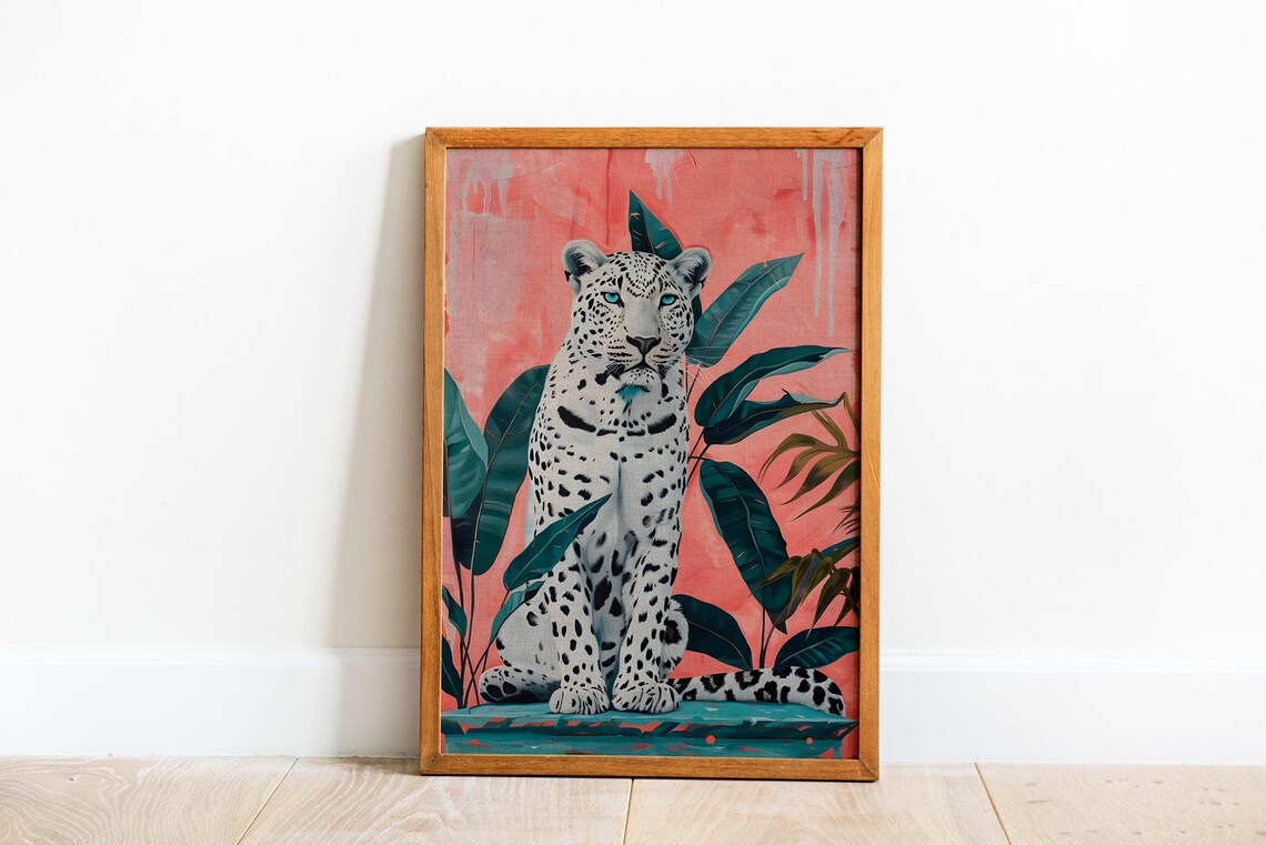 White Snow Leopard Among Tropical Leaves On Coral Pink Background Poster - Image 3