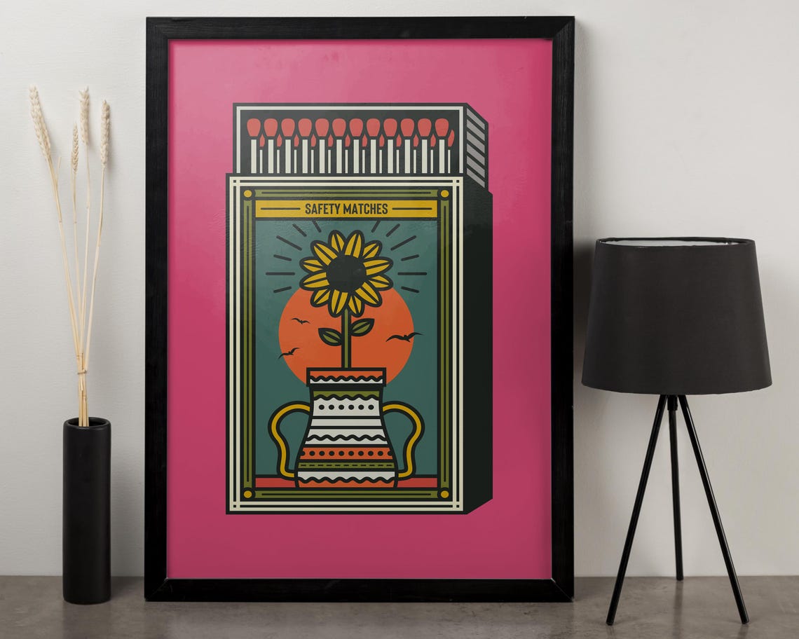 Retro Pink Sunflower Safety Matches Matchbox Label Art Poster