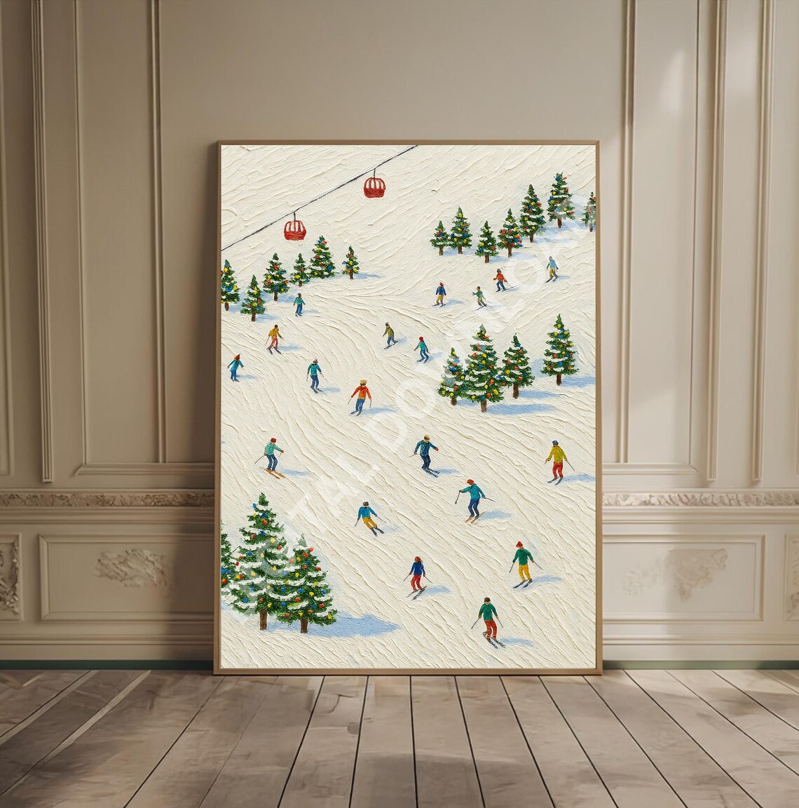 Textured Ski Slope Winter Scene with Tiny Skiers Oil Painting Poster