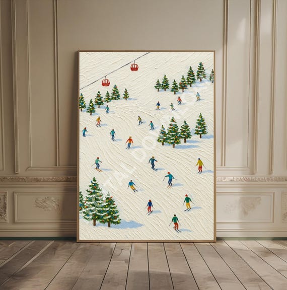 Ski Print Tiny People Wall Art Retro Aprs Lodge Decor Textured Oil Painting Cabin Resort Skiing