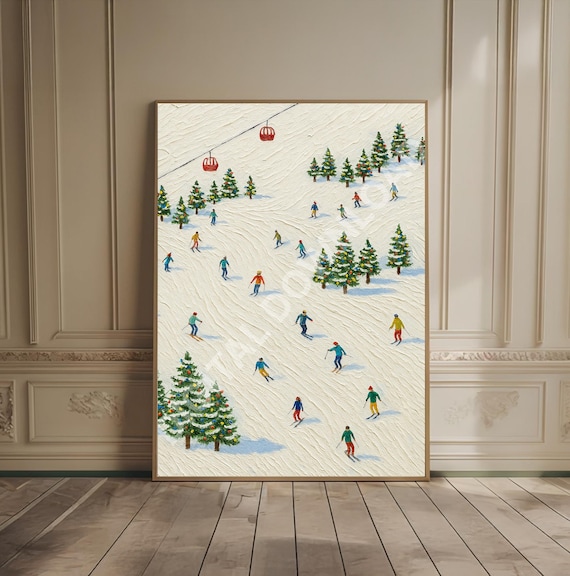 Textured Ski Slope Winter Scene with Tiny Skiers Oil Painting Poster
