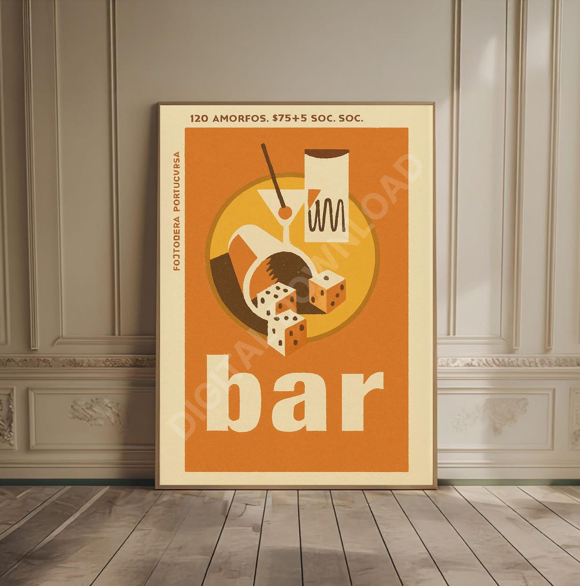 Retro Orange Bar Art with Cocktail Dice and Big Bar Lettering Poster