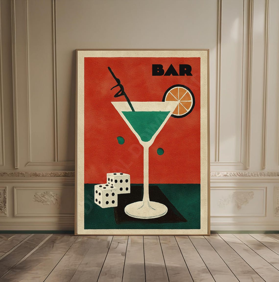 Vintage Red Bar Martini Cocktail with Dice Retro Kitchen Poster