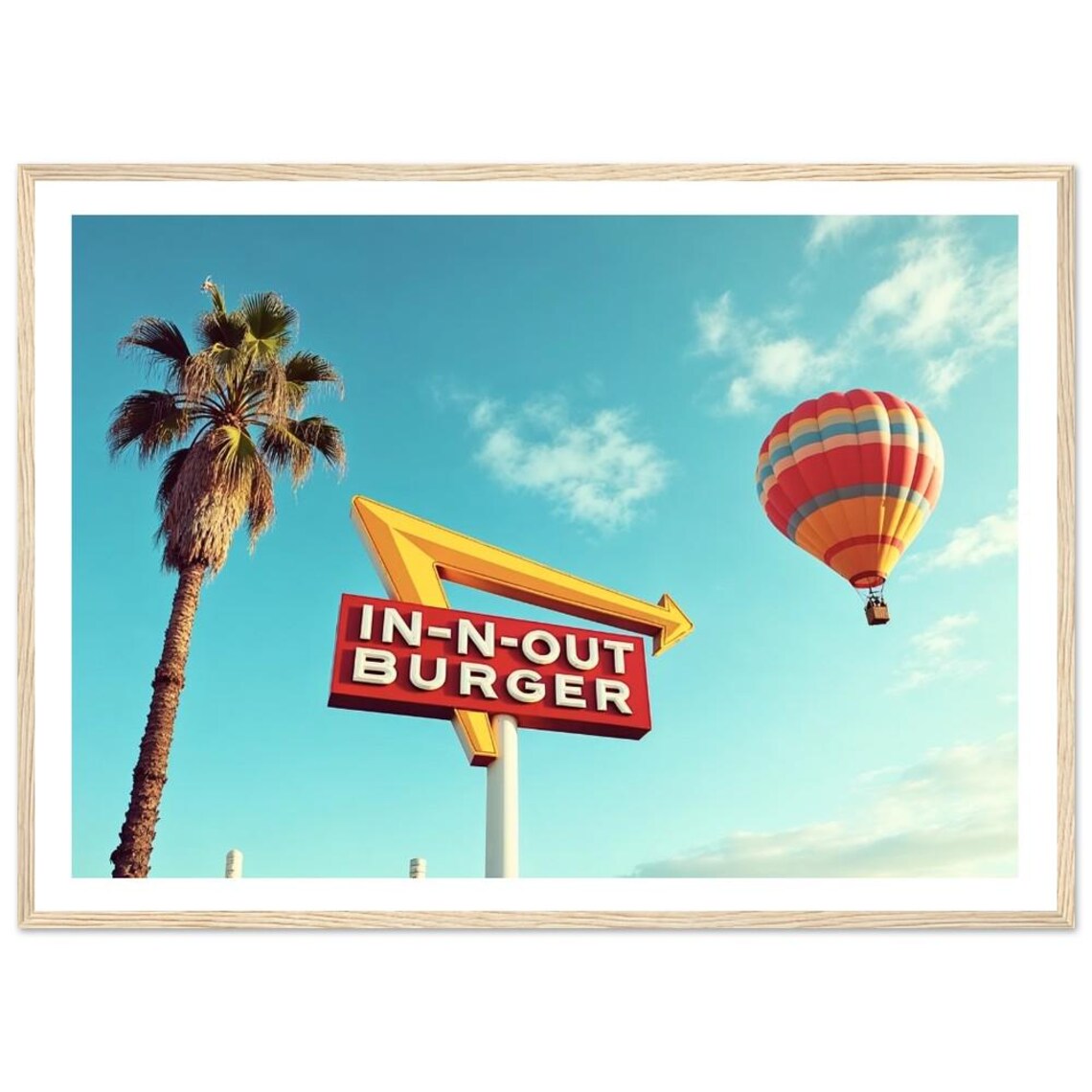 Iconic In-N-Out Burger Sign Palm Tree and Hot Air Balloon Photo Poster