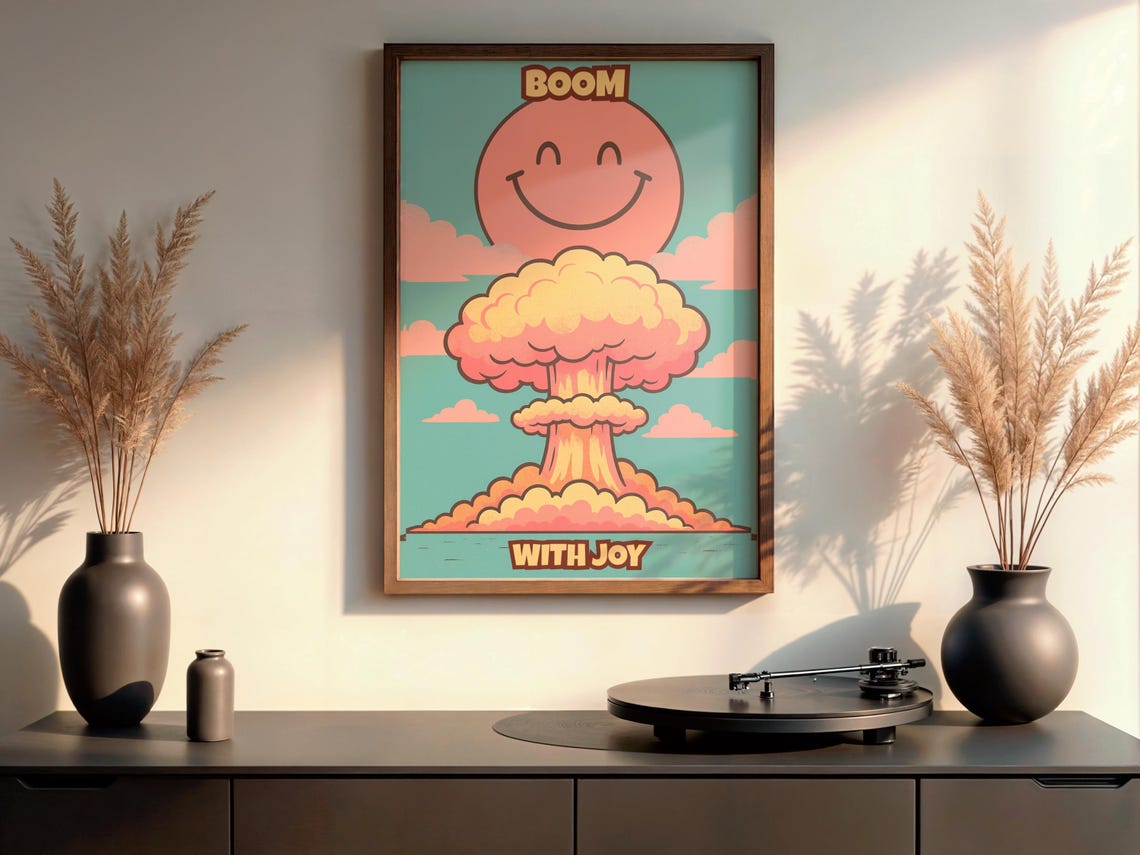 Boom With Joy Poster Funny Atomic Explosion Wall Art Surreal Pop Print Retro Pastel Decor Quirky Happy Face Mushroom Cloud