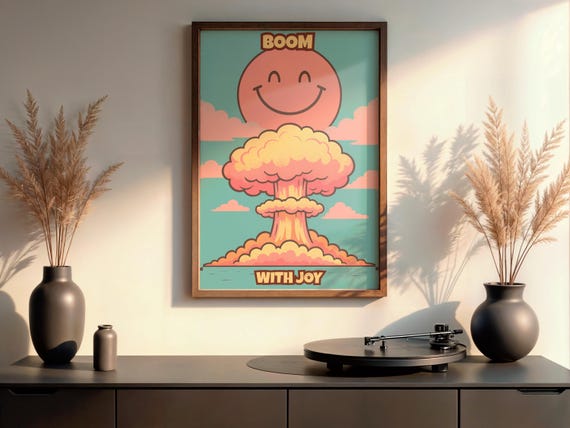 Boom With Joy Poster Funny Atomic Explosion Wall Art Surreal Pop Print Retro Pastel Decor Quirky Happy Face Mushroom Cloud