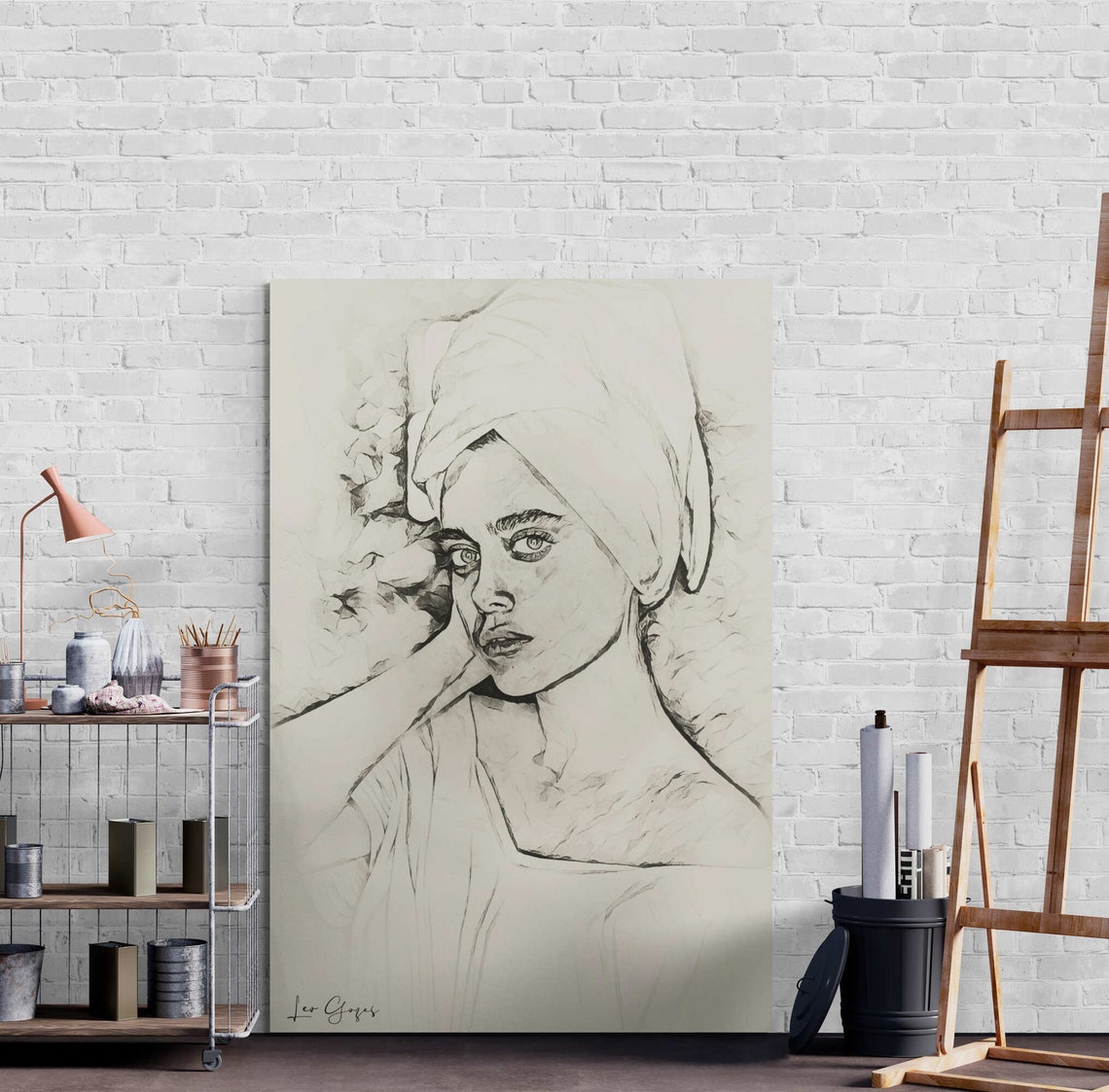 Drawing Turban Woman Portrait Wall Art Poster Print Bath Towel Sketch Woman Art Minimalist Living Room Wall Art Design Entry Hall - Image 8