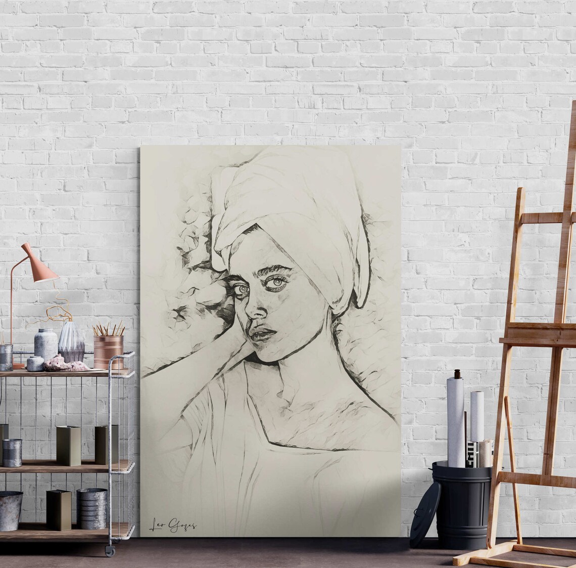 Woman With Turban Pencil Sketch Drawing Black White Art Poster - Image 8
