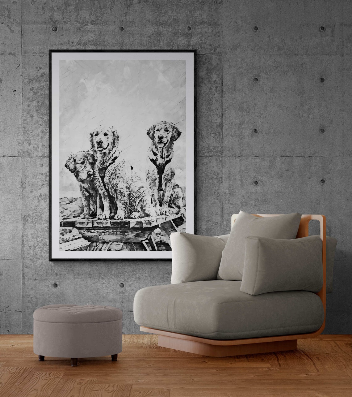 Three Cute Golden Retrievers Black White Sketch Dog Art Poster - Image 6