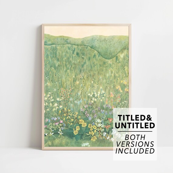 New Yorker Style Green Wildflower Meadow Rolling Under Soft Hills Poster