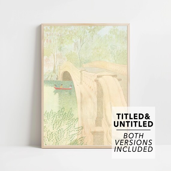 Stone Bridge Over Quiet Pond Rowboat Soft Spring Watercolor Poster