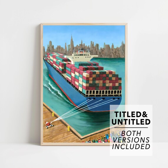 New Yorker Style Santa Pulling a Container Ship into the Harbor Poster