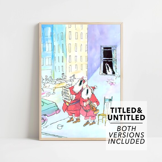 New Yorker Style Two Santas Caroling on a Snowy City Street Art Poster