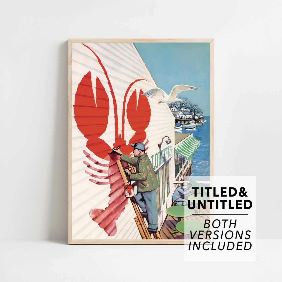 Man Painting Giant Red Lobster Waterfront Building Seagull Art Poster