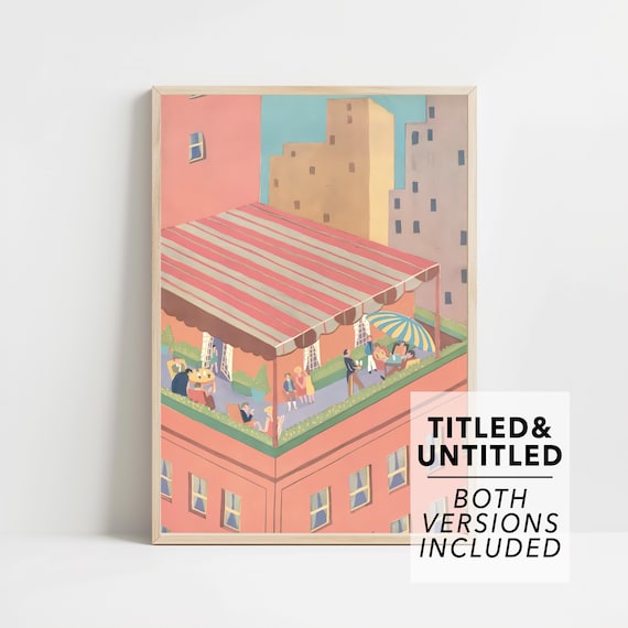 Rooftop Terrace Party Striped Awning City Gathering Illustration Poster