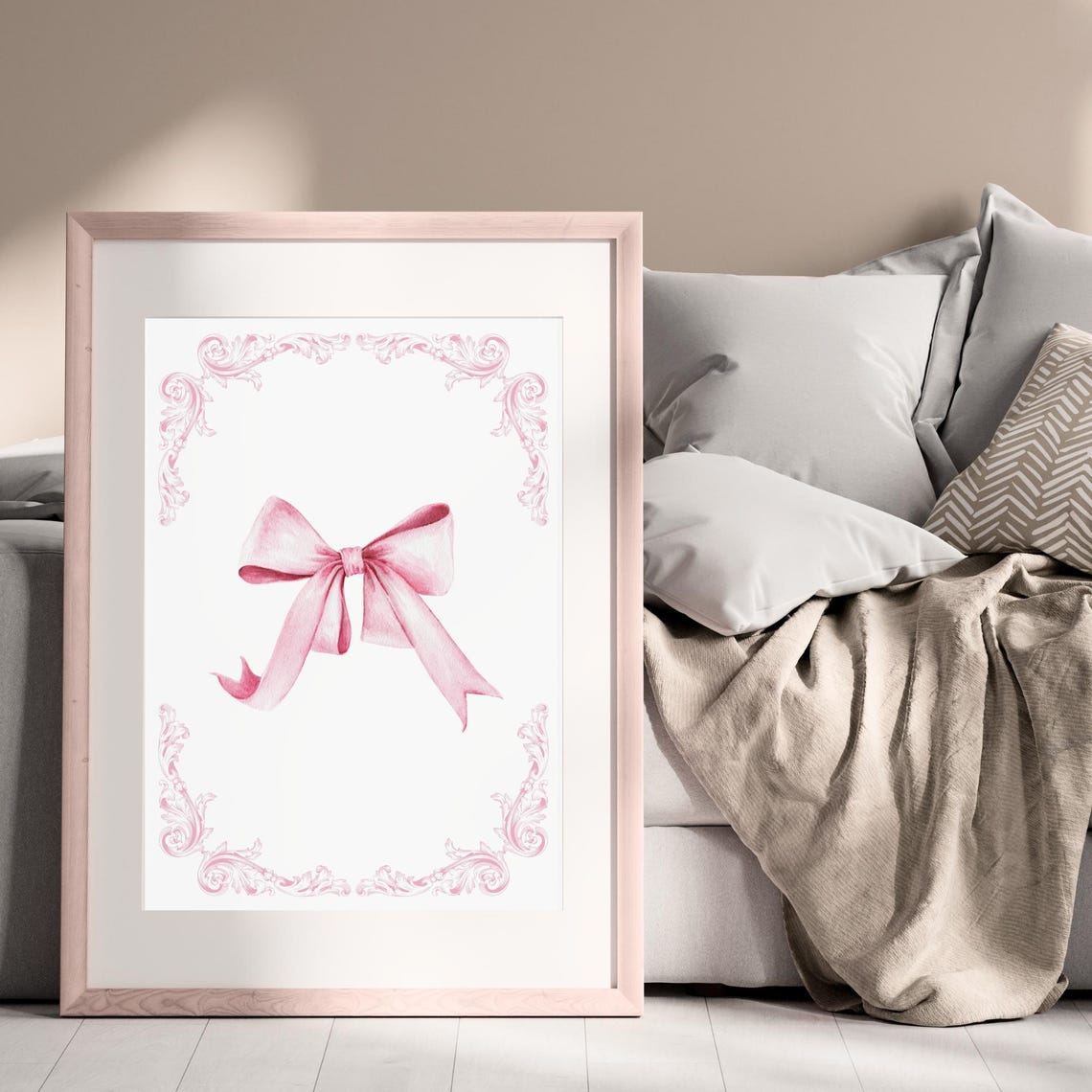 Pink Watercolor Ribbon Bow With Baroque Corner Flourish Art Poster - Image 2