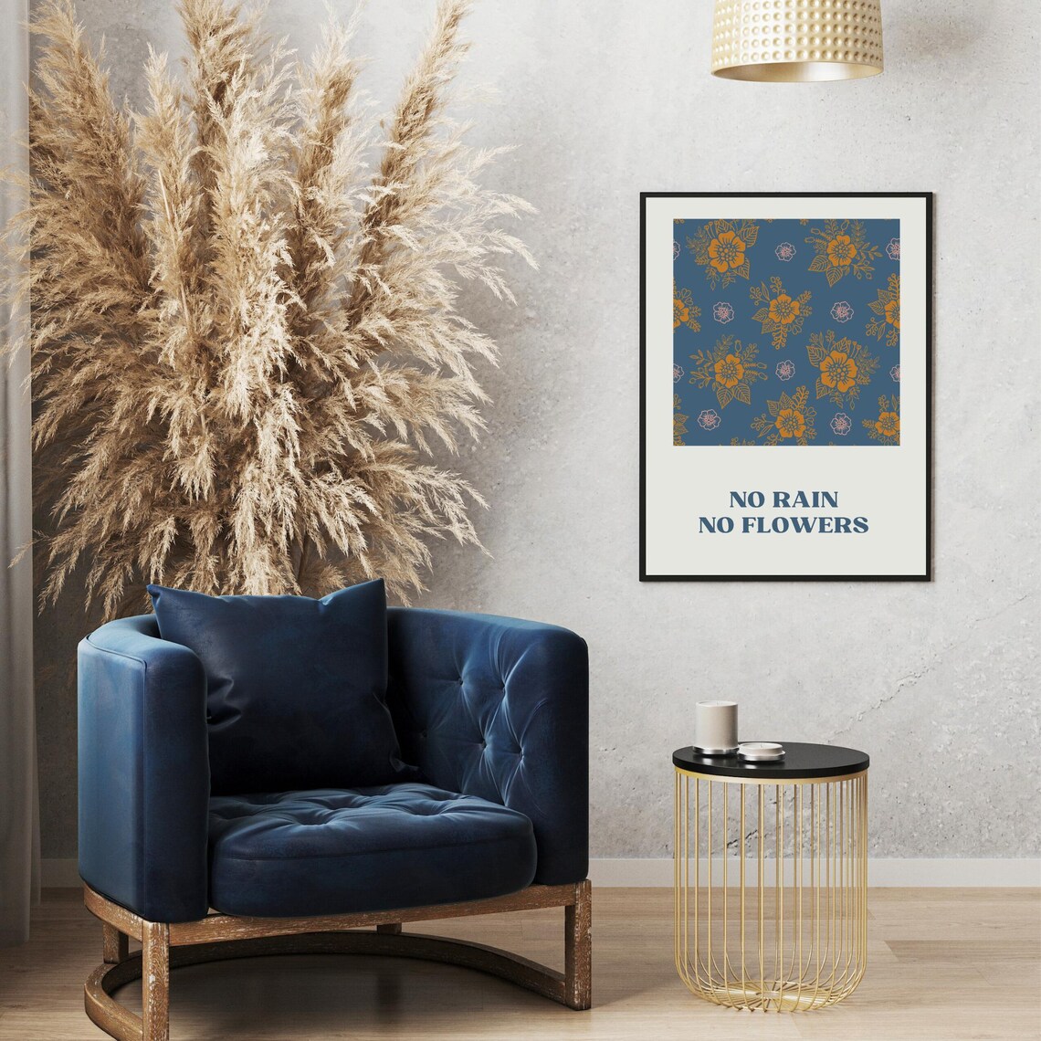 No Rain No Flowers Quote Navy Gold Floral Pattern Encouragement Poster - Image 4