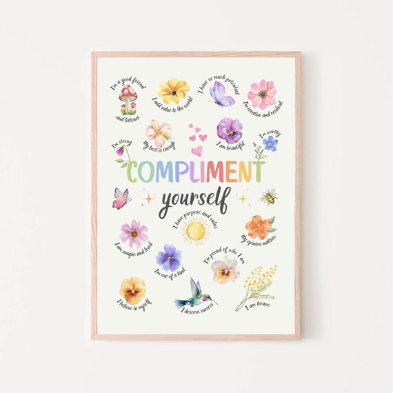 Compliment Yourself Floral Affirmations Chart Self Esteem Kids Poster