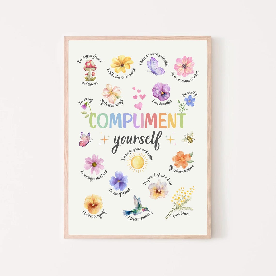 Compliment Yourself Floral Affirmations Chart Self Esteem Kids Poster
