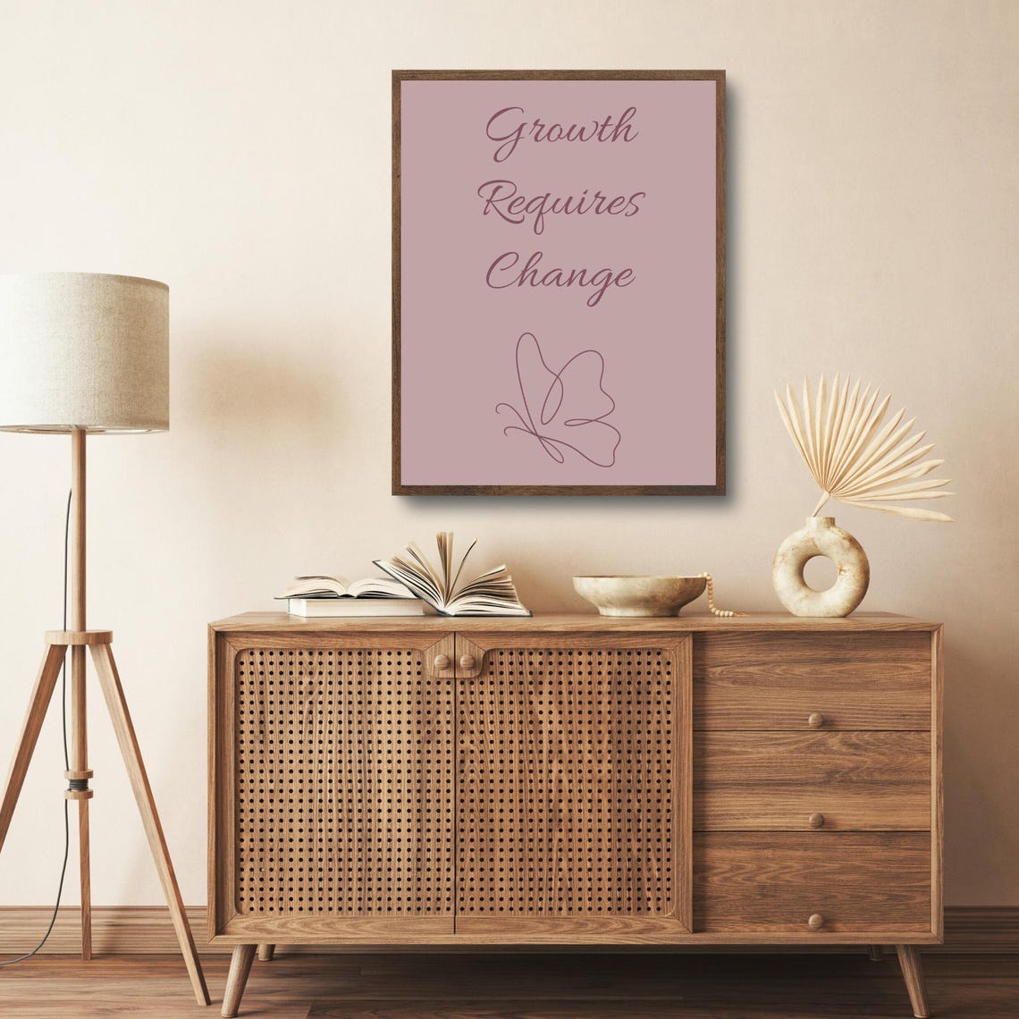 Growth Requires Change Dusty Rose Line Art Butterfly Quote Poster - Image 5