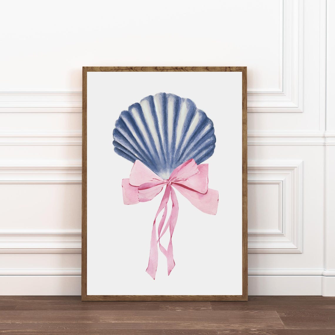 Blue Scallop Shell With Pink Bow Watercolor Coastal Beach Wall Art - Image 3
