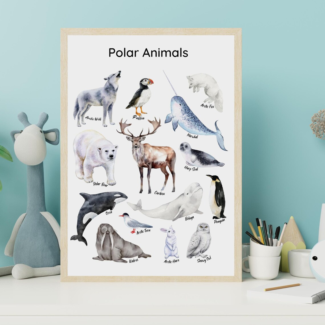 Polar Animals Watercolor Chart Polar Bear Penguin Narwhal Kids Poster - Image 6