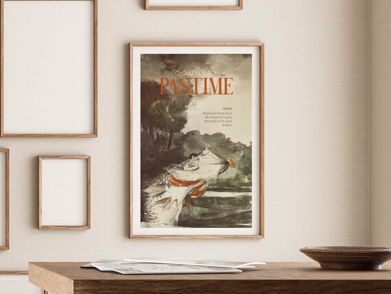 Country Pastime Fishing Magazine Poster Bass Leaping Retro Outdoor Cabin Art