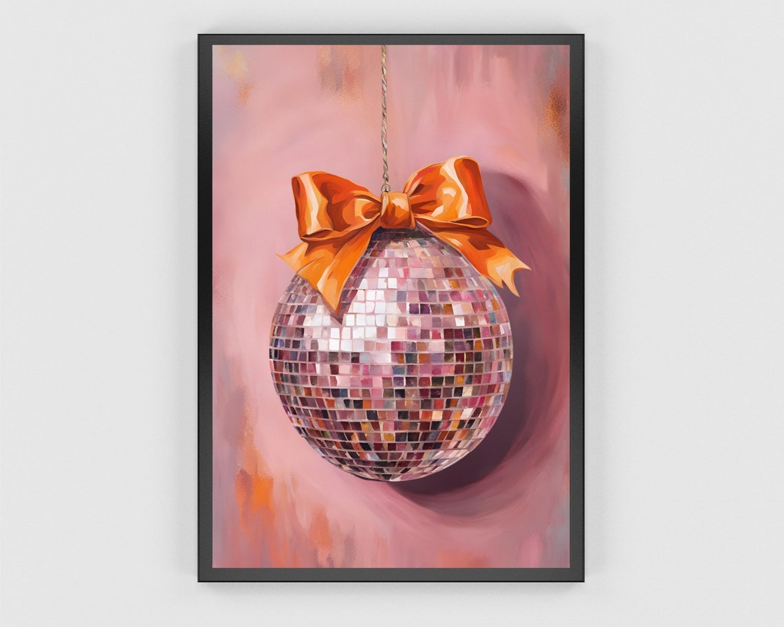 Disco Ball Hanging With Orange Satin Bow Pink Party Wall Poster - Image 3