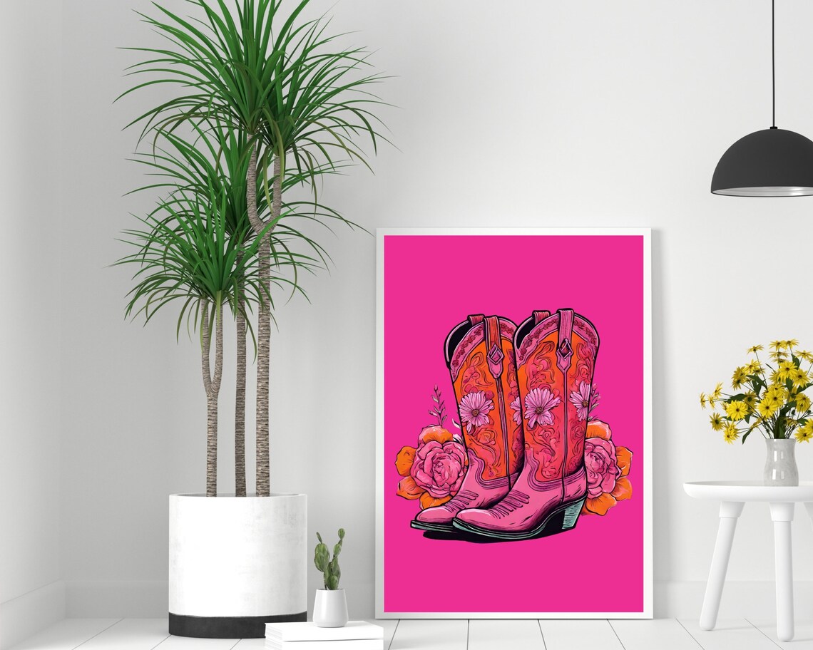 Pink Cowboy Boots Floral Art Western Cowgirl Rose Flower Print - Image 2