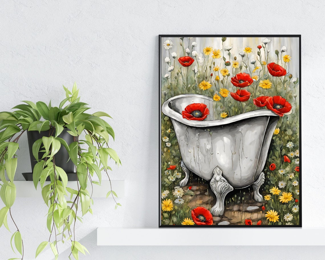 Vintage Metal Bathtub Wildflower Meadow Red Poppy Garden Poster - Image 2