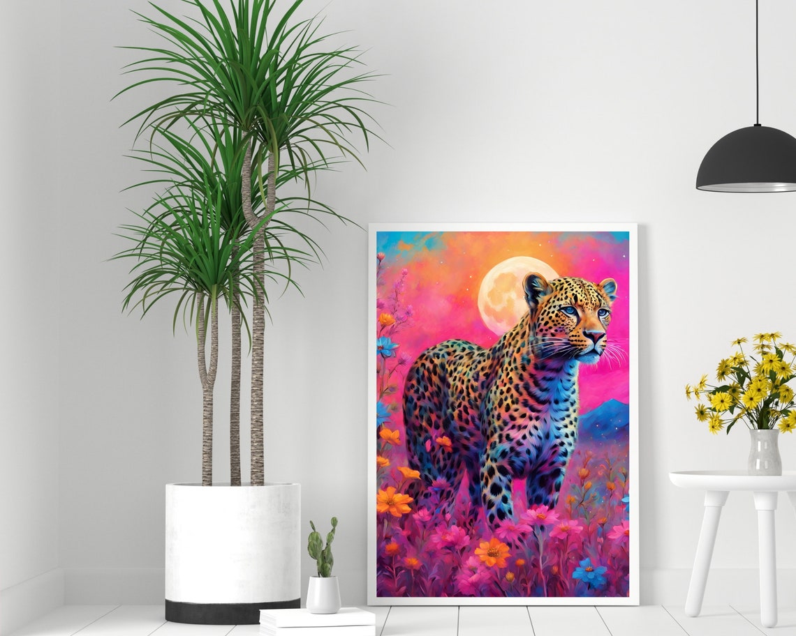 Rainbow Leopard Moon Art Neon Wildflower Night Jungle Feline Print - Image 2