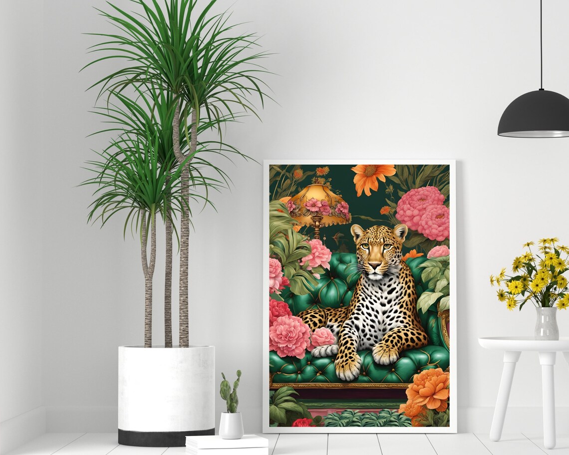 Leopard Lounging On A Sofa Art Print, Maximalist Decor - Image 2