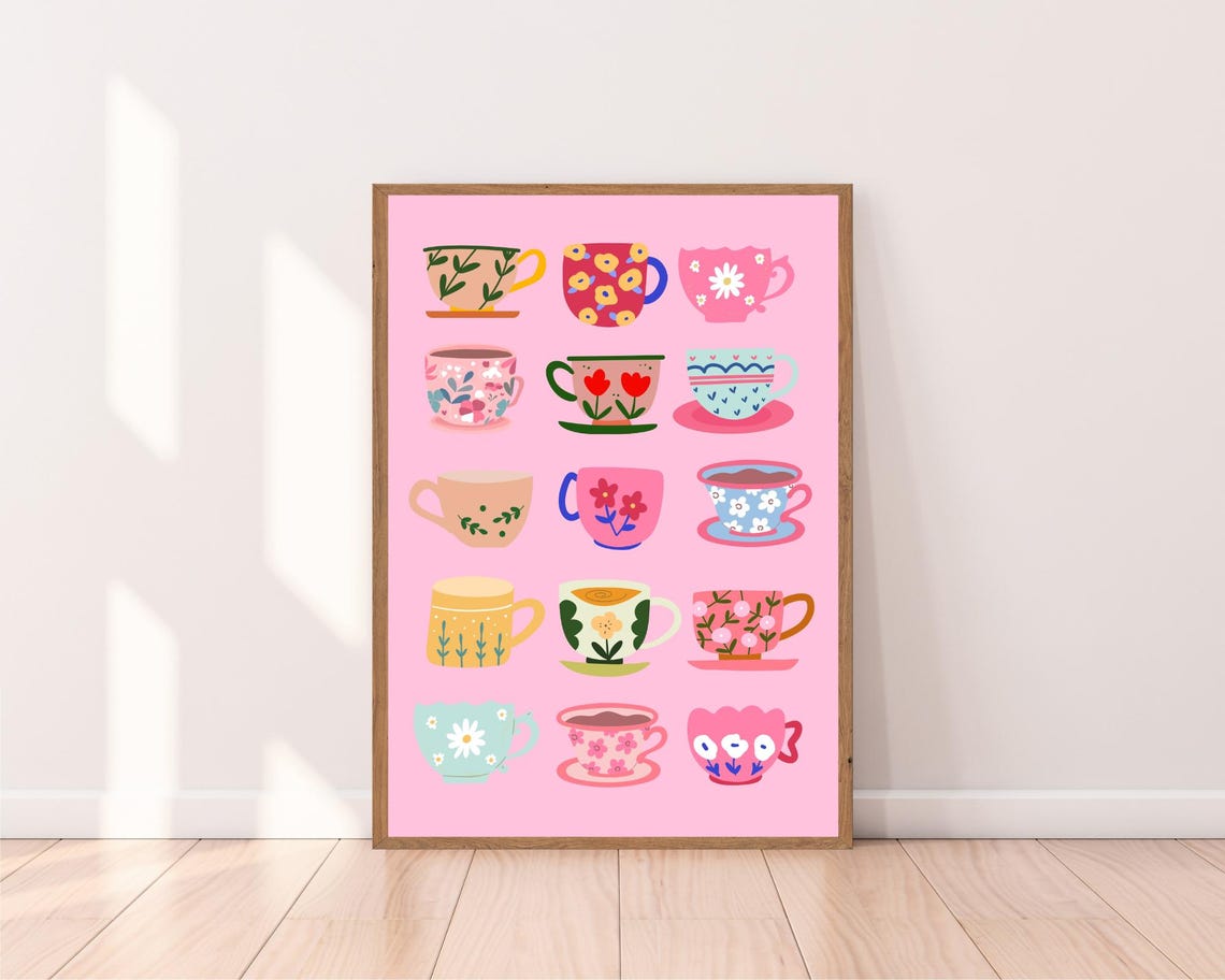 Collection of Colorful Floral Teacups on Pink Kitchen Decor Poster - Image 2
