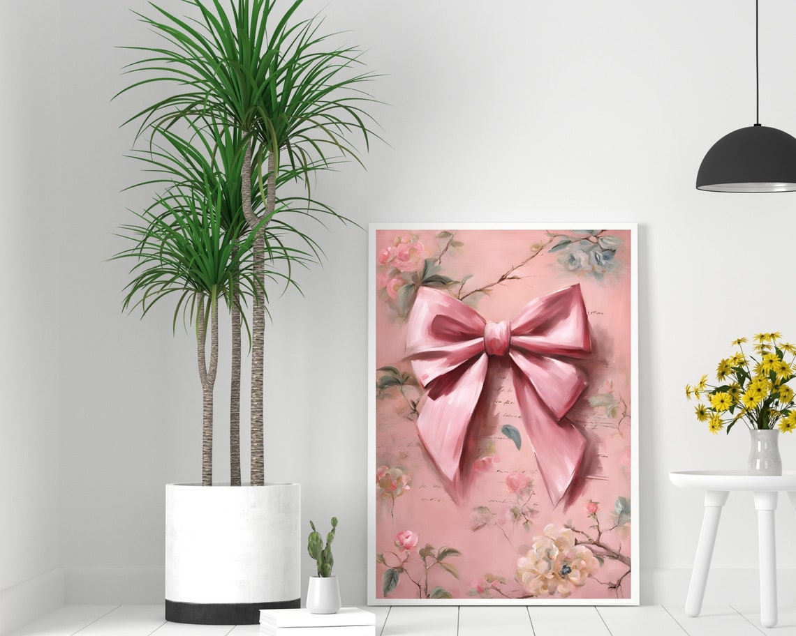 Romantic Pink Bow On Shabby Chic Floral Script Artwork Poster - Image 2