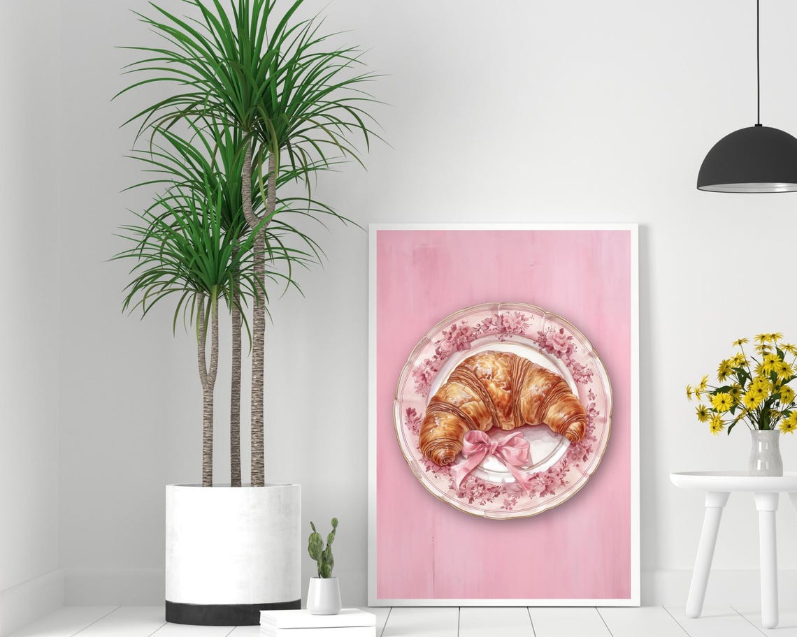 Golden Croissant On Floral China Plate With Pink Bow Cafe Poster - Image 2
