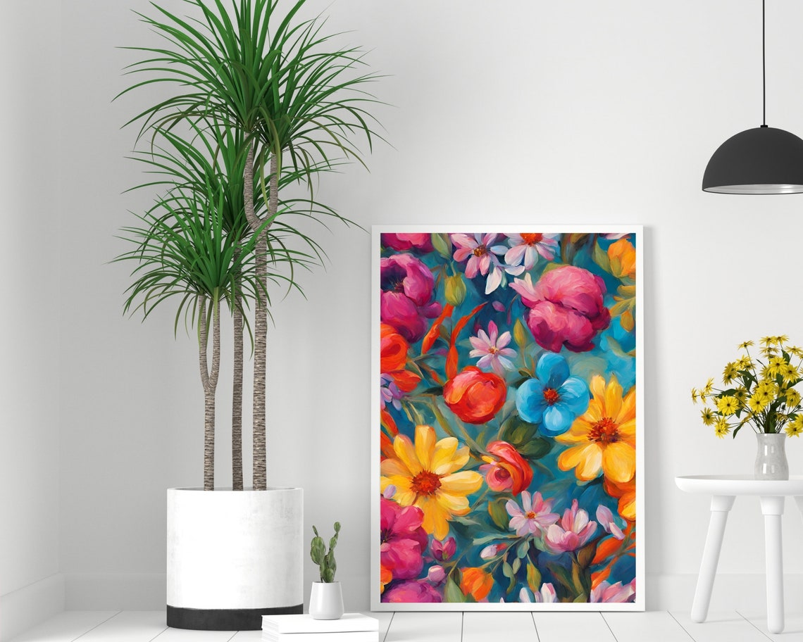 Maximalist Floral Garden Art Bold Pink Blue Yellow Bloom Print - Image 2