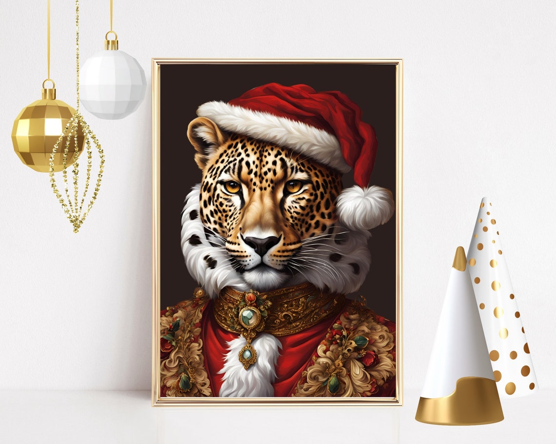 Leopard Santa Claus In Royal Red And Gold Christmas Outfit Poster - Image 3